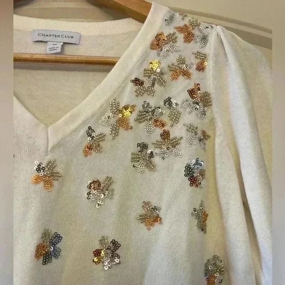 CHARTER CLUB Women's Petite Small White Gold sequined Embellished Sweater - Picture 5 of 9